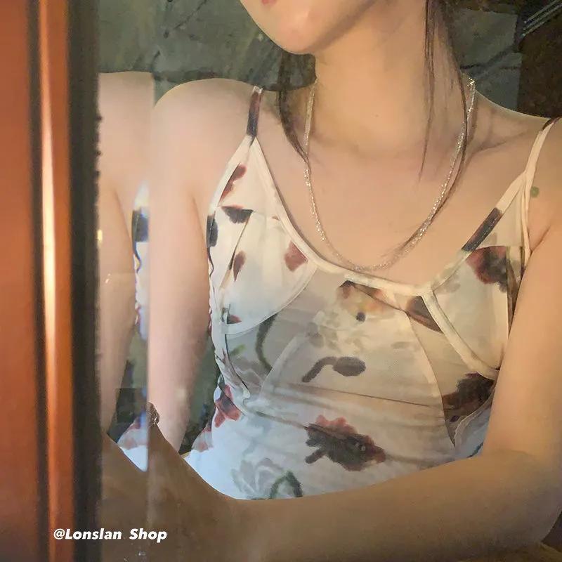 Γυναικείο Μπλουζάκι Camisole με Φλοράλ Σχέδιο Διάφανο Διχτυωτό Αμάνικο Crop Top Y2K Αισθητική