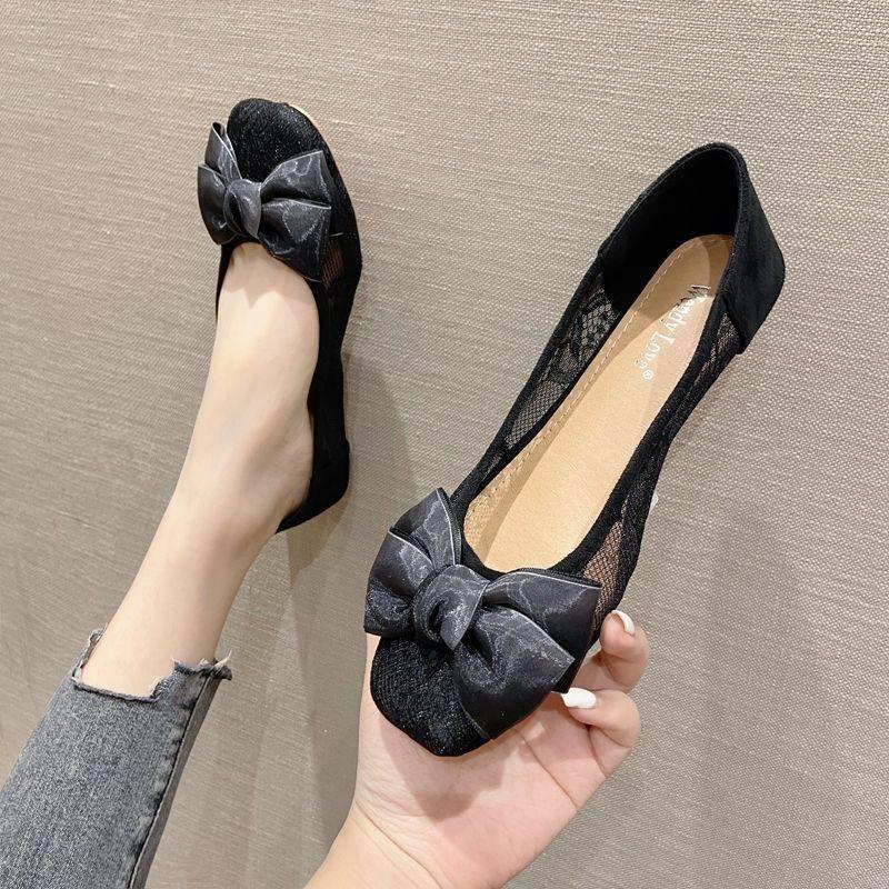 Mesh Shoes for Women Black Square Toe with Bow Woman Flats Trends 2025 Original Deals Aesthetic Light Korean Walking New In 39