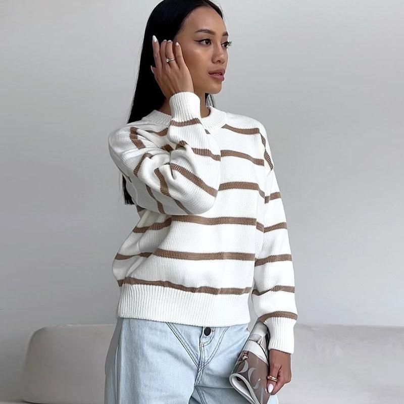 

Женский повседневный базовый полосатый свитер осенний свободный круглый вырез вязаный пуловер модный винтажный длинный рукав трикотаж L хаки
