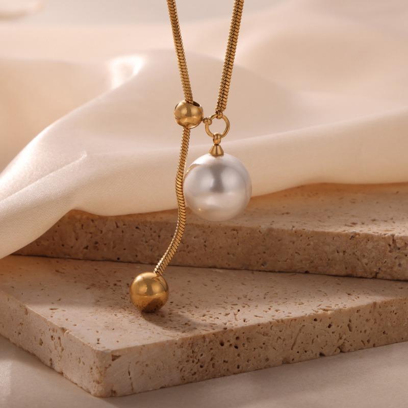 Fashion Minimalist Gold Plated Titanium Steel Pearl Pendant Necklace For Women