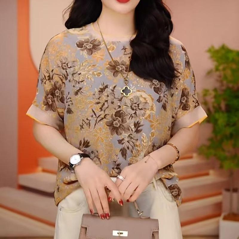 Women s Grey Base Floral Print Crew Neck Short Sleeve Blouse L жёлтый