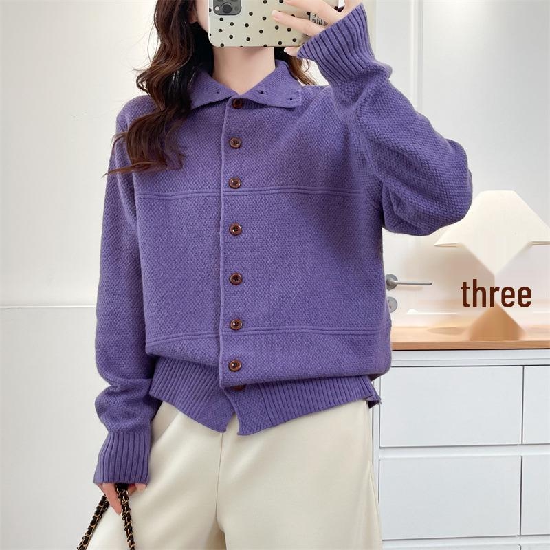 

2025 Autumn/Winter Plus Size Slimming Knit Sweater for Women: Stand Collar Long Sleeve Versatile Top 3XL фиолетовый