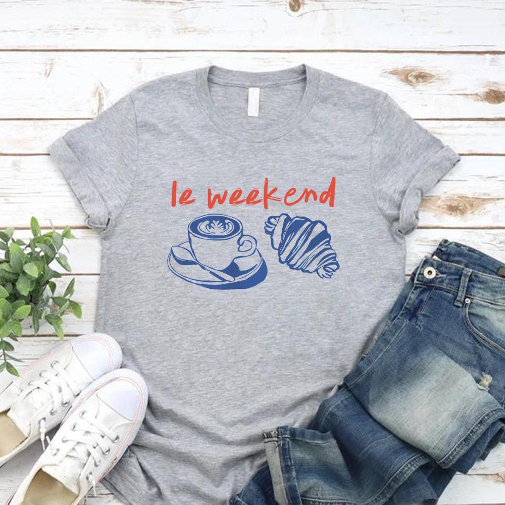 Weekend T-Shirt Coffee Tshirt Croissant Shirt Retro Graphic Tee Casual Short Sleeve Women's T-shirts Vintage Aesthetic Clothes