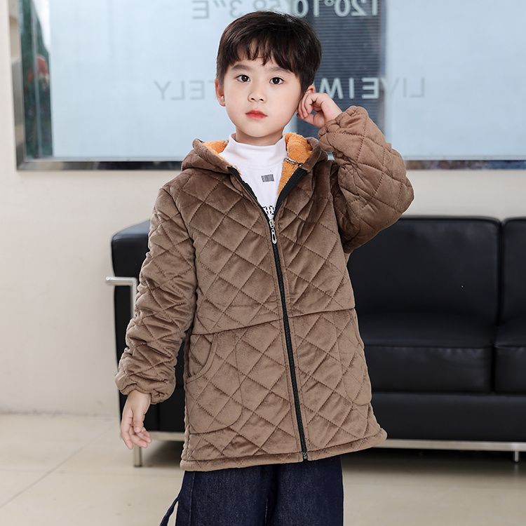 Boys Children's Plus Velvet Thickened Mid-length Hooded Cotton Overalls Fashionable and Warm To Wear Outside