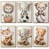 Watercolor Cute Animals Fox, Elephant, Bear, Playing Instruments Poster Canvas Painting Print Nursery Wall Art Home Decor