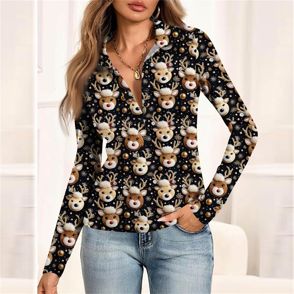 Damska Moda Casual Drukowana Bluzka z Dekoltem w Serek, Długim Rękawem, Zapinana na Guziki