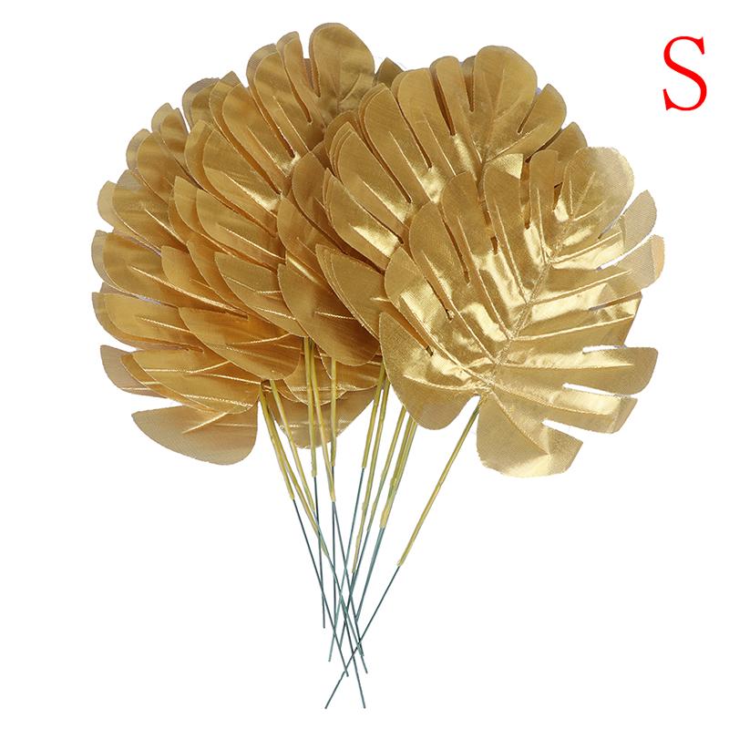 12 stk gull Kunstige falske palmeblader grønne planter Hjem bryllup DIY dekorasjon