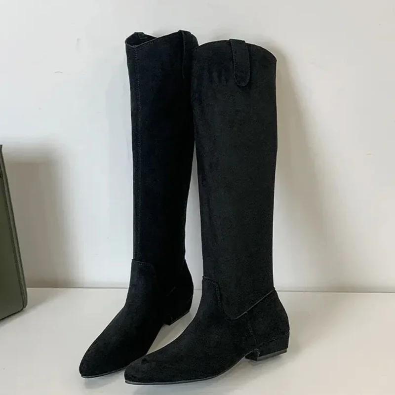 Vintage Women Western Knee High Boots Fashion Pleated Long Booties Concise Square Low Heels Shoes
