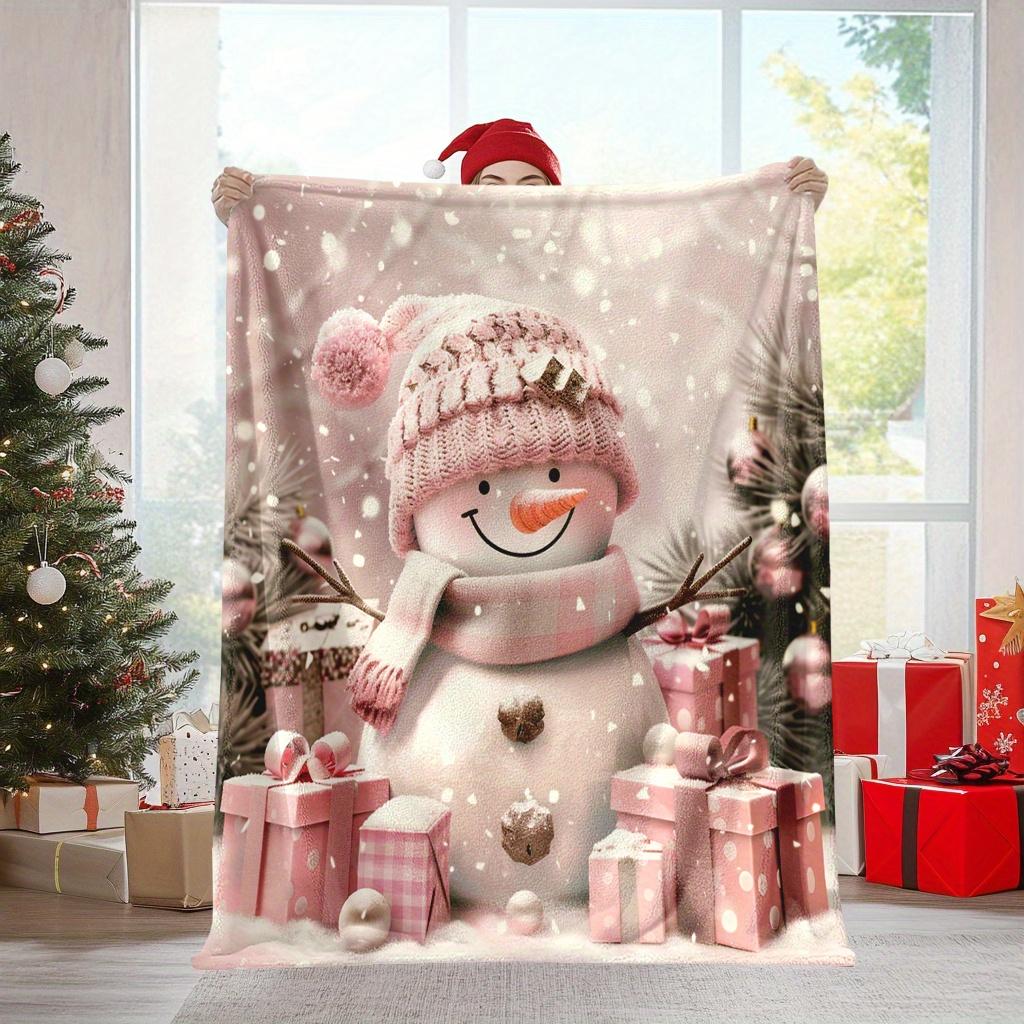 Glam Style Pink Snowman with Christmas Gifts Print Flannel Throw Blanket - All Seasons Mixed Color Knitted Polyester Multipurpos 75X95CM