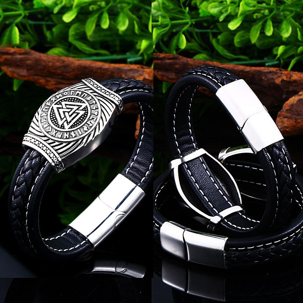 Bracciale runico vichingo da uomo in acciaio inossidabile 316L, stile nordico, con bussola di Odino, ideale come gioiello regalo per motociclisti.