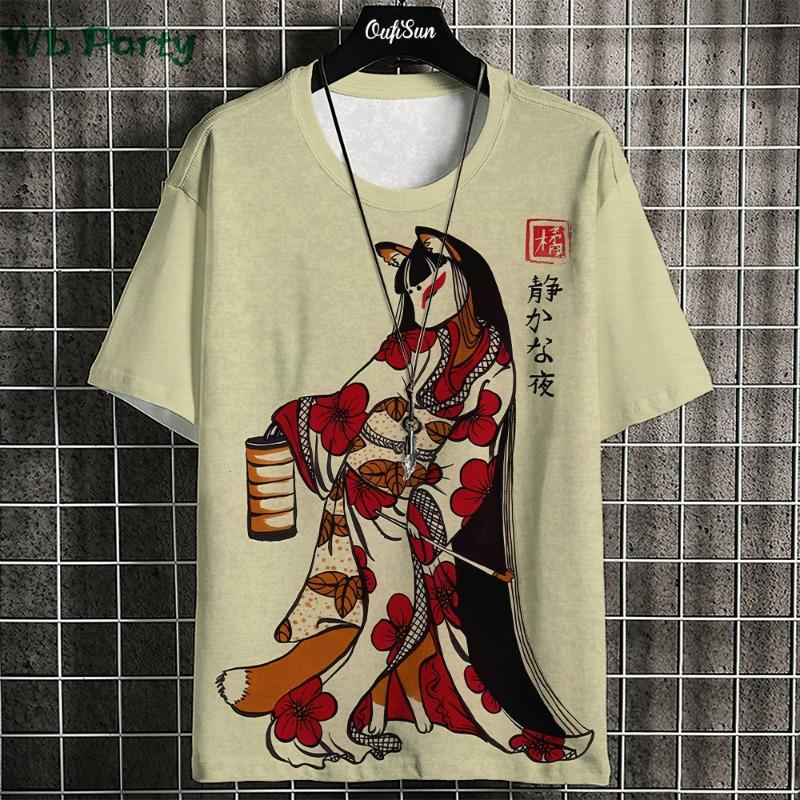 Japanisches Ukiyo-E T-Shirt Herren Tierdruck Grafik T-Shirts Vintage Herrenbekleidung Rundhals Kurzarm Tee Harajuku T-Shirt