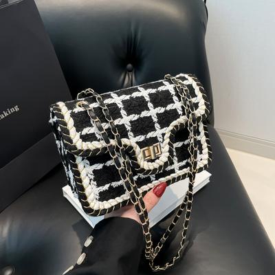 Nuova borsa da donna a quadri tessuta stile ins borsa a tracolla moda retrò borsa quadrata piccola con catena