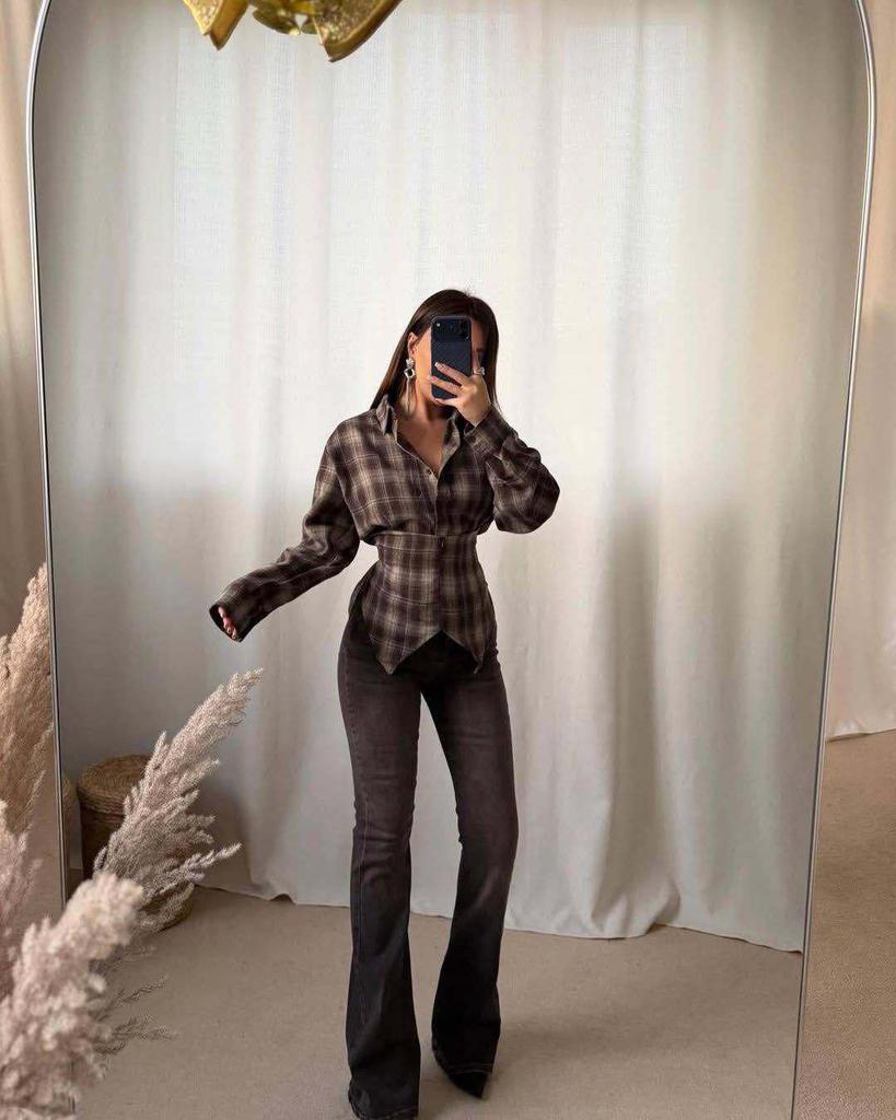 2026 Spring Plaid Lace-up Long-sleeve Shirt with Irregular Hem and Cinched Waist