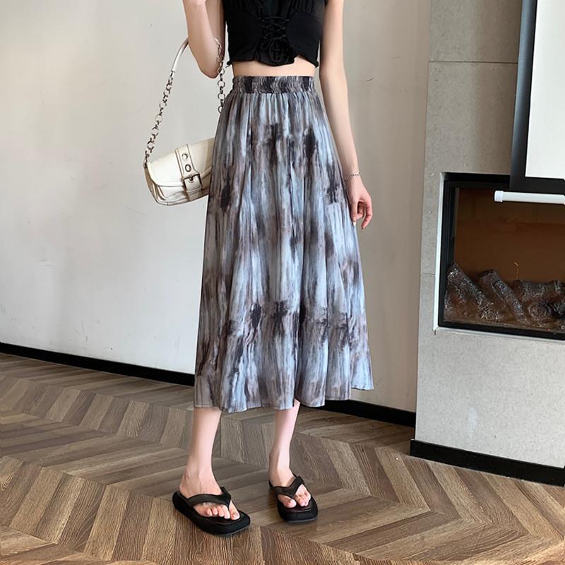 Tie-dye ink printing high-waisted skirt women's summer design sense niche covering a-shaped skirt medium and long covering umbrella skirt