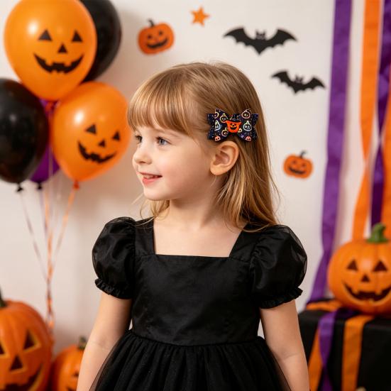 Festive Hair Styling Tools Halloween Glitter Bow Clips for Kids Baby Girls, Double Layer Shiny Party Barrettes Ghost/Pumpkin/Eyeball Bowtie