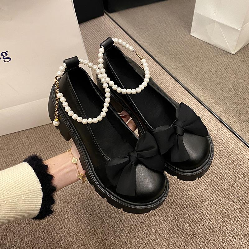

Summer Mary Jane small leather shoes women s thick heel thick sole heightening round head bow pearl chain 35 чорний