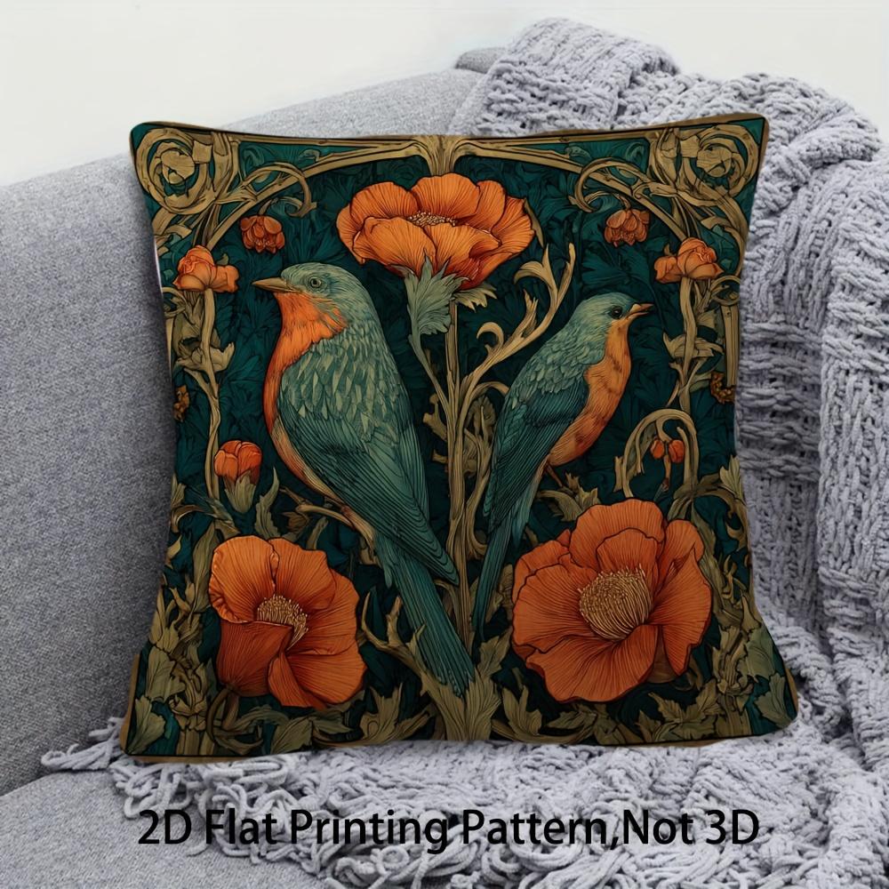 William Morris Inspired Robin Bird Pillow Cover Vintage Art Nouveau Floral Print Cushion Case For Sofa Couch Boho Home Decor