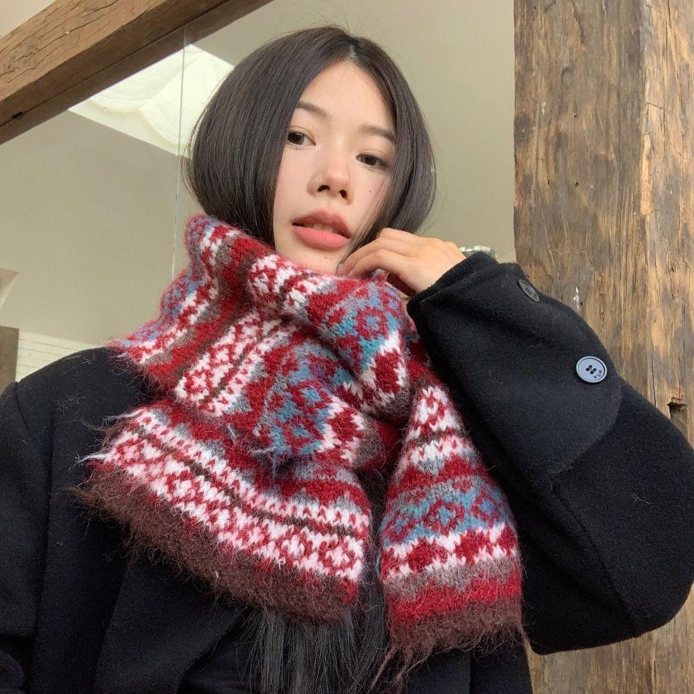 Printed Fair Isle Style Scarf Wool Winter Wool Neckerchief Fashion Jacquard Knitted Scarf Girls
