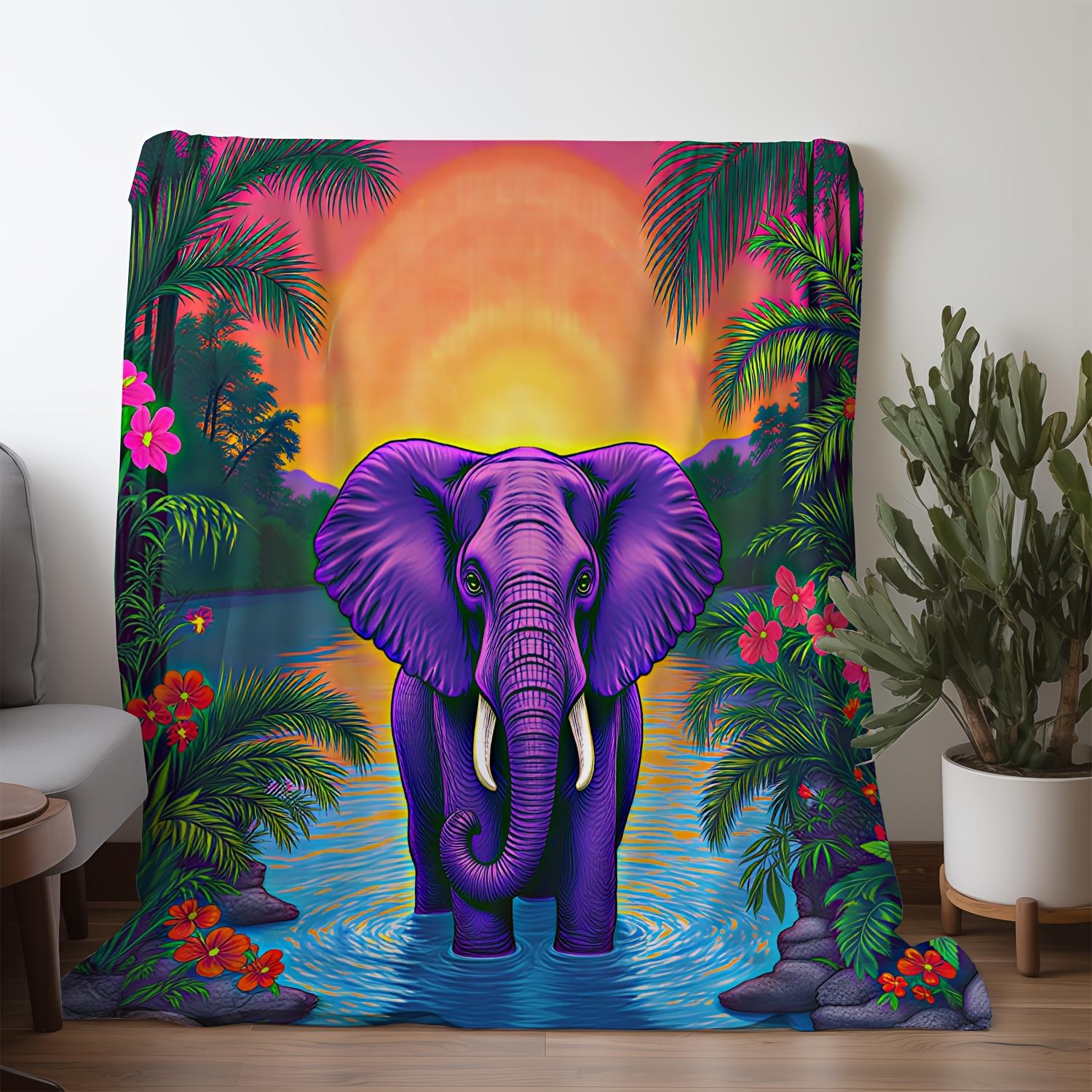 

1pc Flannel Blanket - Soft Warm Throw with Purple Elephant, Tropical Jungle Sunset Design in Purple, Green, Pink, Orange, Yellow 130x150cm