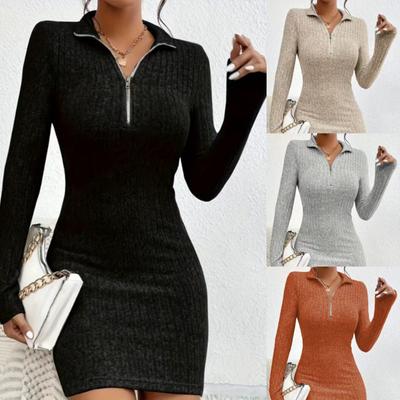Europe and the United States Wish Independent Station Autumn and Winter Women's Clothing Lapel Zipper Waist Long Sleeve Knitted Hip Dress