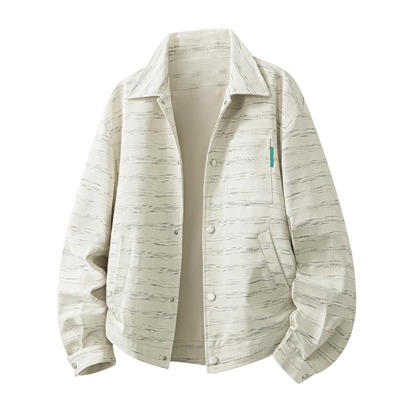 Men Lapel Button Down Striped Jacket Loose Casual Long Sleeve Outerwear Coat