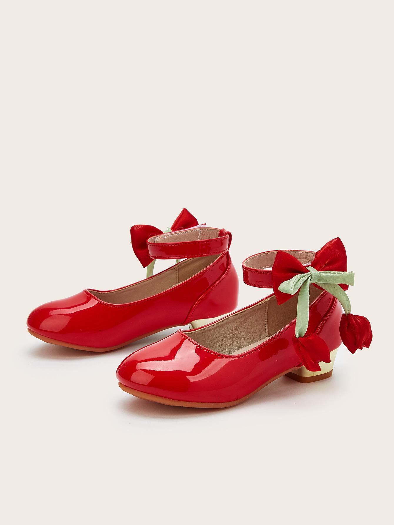 Girls  2026 Fashion Bow High Chunky Heels - Versatile Princess Leather Shoes 28