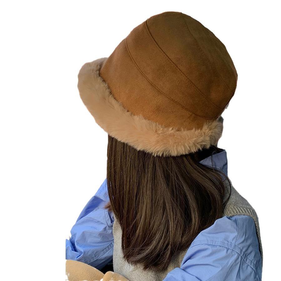 Hairy Hat Women's Winter Hemming Bucket Hat Warm Ear Protector Piled Thickened Big Head Circumference Suede Basin Hat