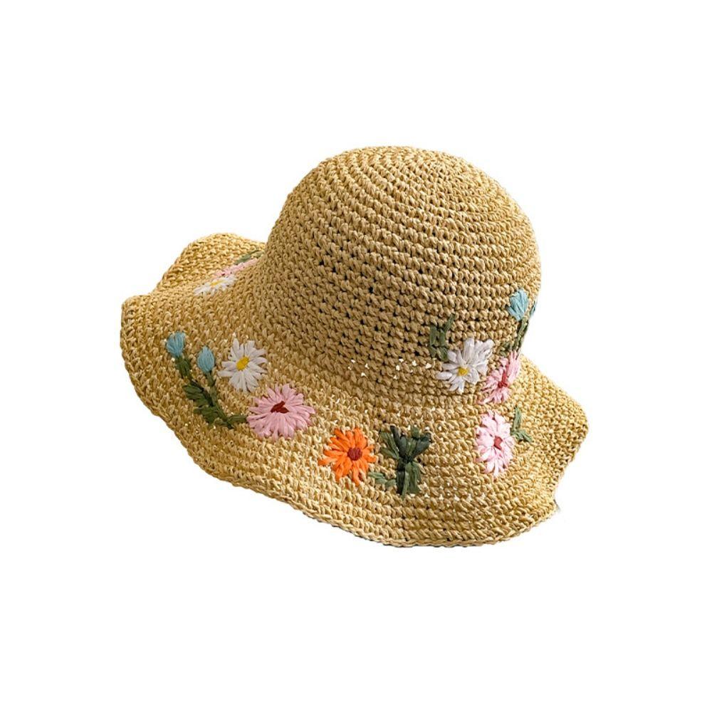 Embroidered Flower Flower Straw Hat Boho UV Protection Cap Sweet Women's Sun Hats  Travel