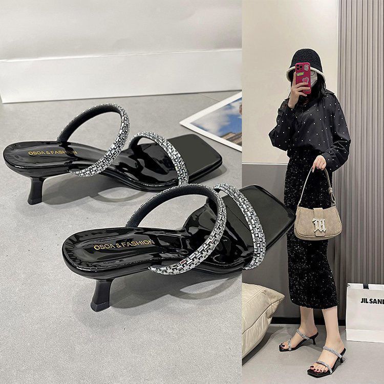 French Temperament Rhinestone Cool Slippers Square Head Thick Heel with High Heel Slippers Fairy Shoes 2025 Summer New