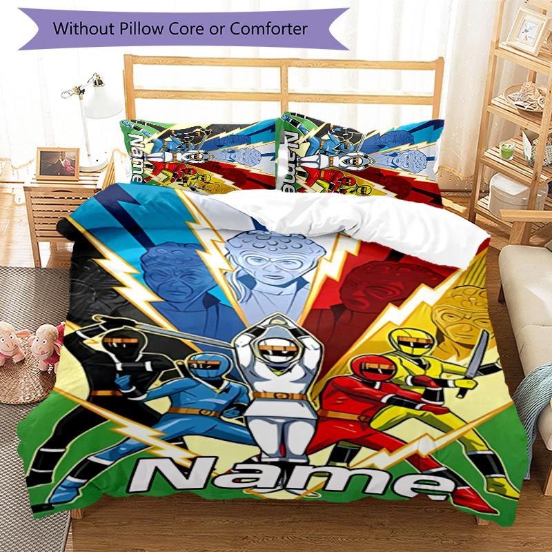 Ensemble de literie 3 pièces Nom personnalisé Dessin animé Mighty Morphin Power Rangers Housse de couette Fermeture Comprend 1 housse de couette et 2 taies d'oreiller Pour toutes les saisons Chambre D