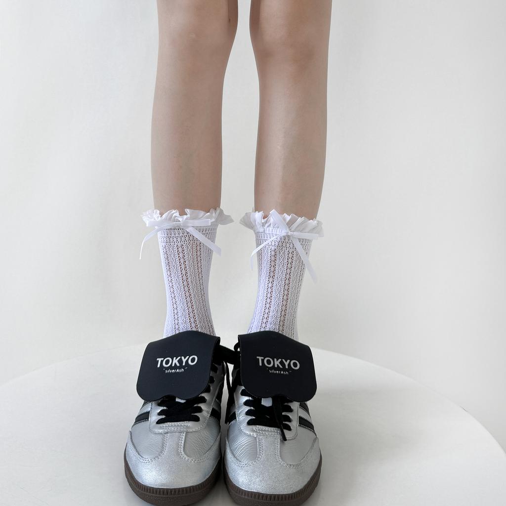 Womens Thin Mesh Breathable Midcalf Lace Socks With Mary Jane Lace Trim Hollowout Lace And Bowknots