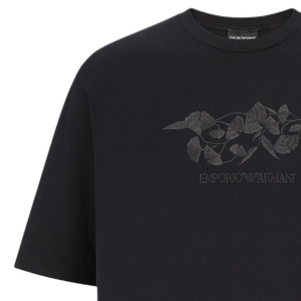 Emporio Armani Letter Logo Ginkgo Embroidery Loose Round Neck Short Sleeve T-Shirt Men tops Black 3D1T9S-1J7FZ-0999