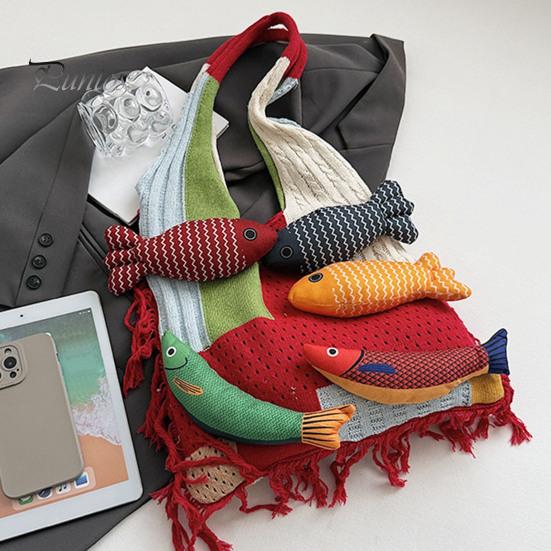 Fish Decoration Knitted Bag 3D Tote, Patchwork Shoulder with Tassels, Colorful Boho Women Purse for Daily Commuting Travel Shopping Practical Sundries
