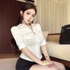 Summer new simple style white lapel mid-sleeved shirt women's design sense slim waist Spice Girl top