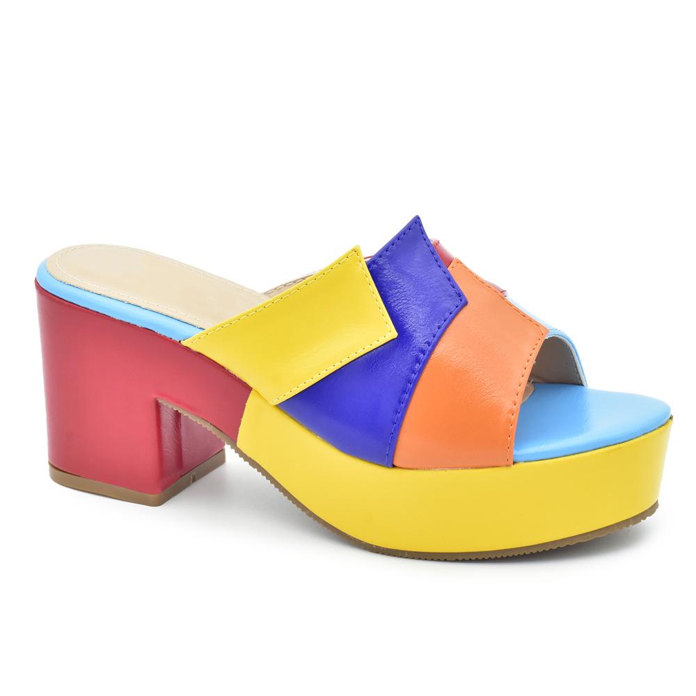 

Women s Rainbow Patchwork Slip-On Chunky Heel Sandals 41