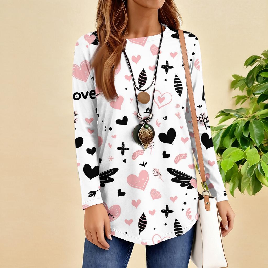 Women's Loose Round Neck Raglan Sleeve Printed Long Sleeve T-Shirt Pullover
