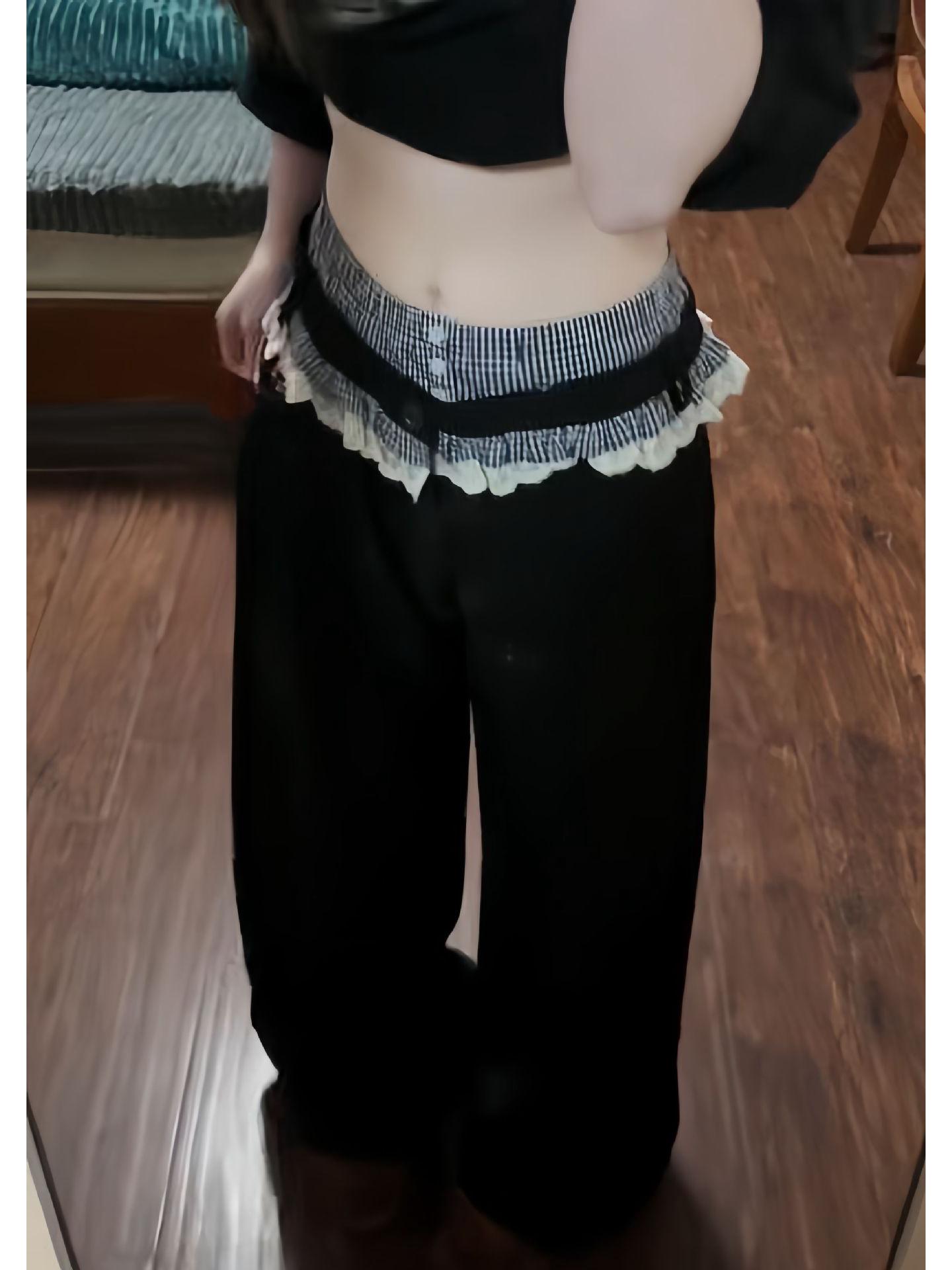 

Кружевная отделка Двойной пояс Вестерн стиль Брюки с высокой талией Свободного кроя Extra Large чёрный