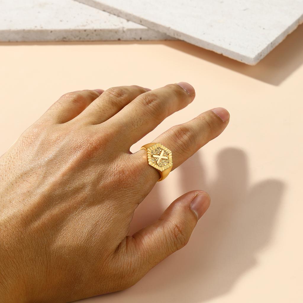 Hexagon Surface 3D Embossed A-Z Initial Letter Rings for Man Woman Adjustable Size A-Z 14k Gold Color Family Signet Jewelry