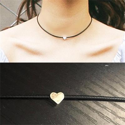 Women Faux Leather Chokers Chain Heart Necklace Vintage Jewelry Black
