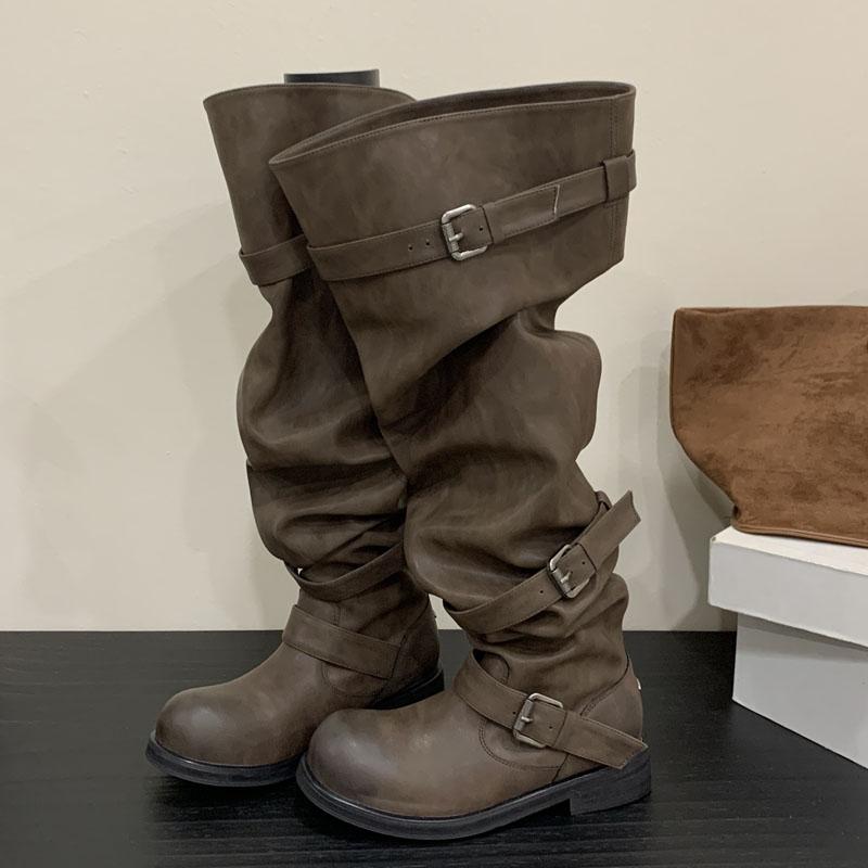 Fashion Eilyken Winter Punk Pleated Round Toe Women Over The Knee Boots Designer Buckle Strap Square Heels Shoes Botas Mujer