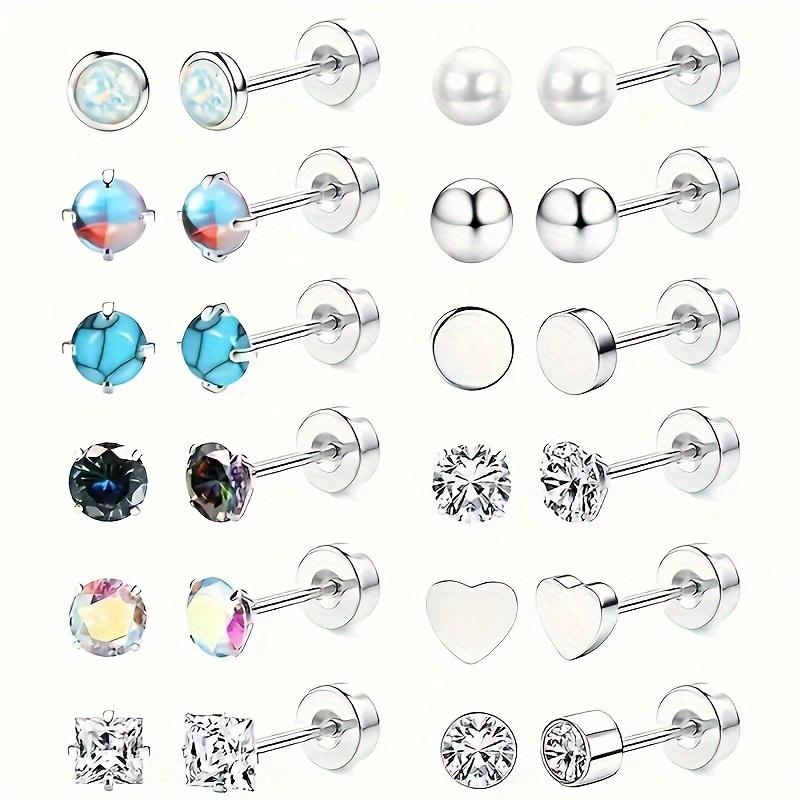 12 Pairs Stainless Steel Earrings Hypoallergenic 20G Medical Steel Cartilage Opal CZ Pearls Sleeping Earrings