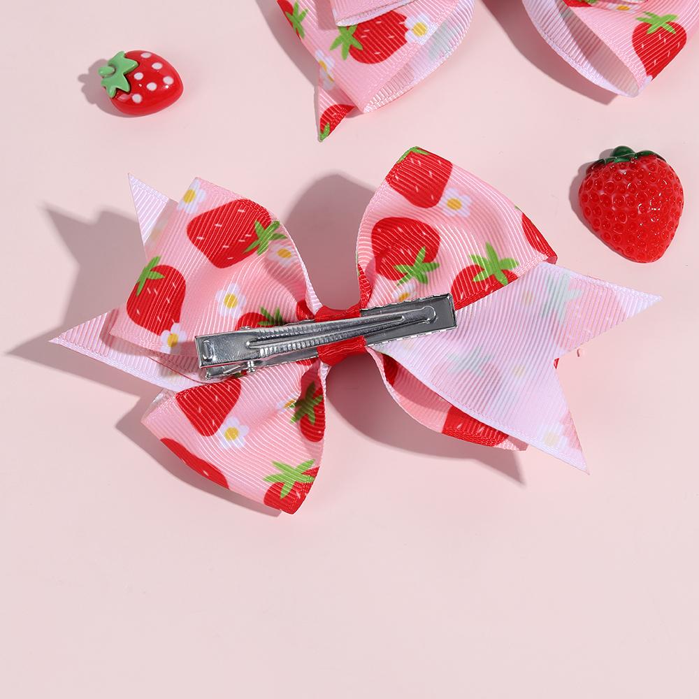 2Pcs Strawberry Bow Hair Clips Cute Red Floral Hairpins Ribbon Barrette For Girls Children Kids Sweet Kawaii Hair Accessories