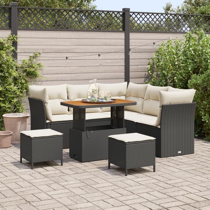Ensemble de Canapé de Jardin de 8 Pièces avec Coussins Noir Poly Rattan Acacia, Ensemble de salle à manger de jardin 3361485