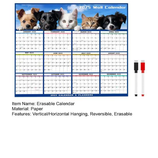 Löschbarer Kalender 2025, groß, nass und trocken abwischbar, laminiert, 12 Monate, jährlicher Wandplaner, vertikaler/horizontaler Kalender zum Aufhängen an die Wand