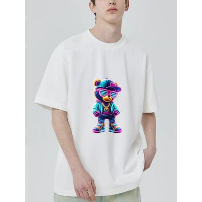 Black T Shirt with Colorful Bear Cartoon Print for Casual Wear