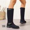 British Style Square Heel Mid-calf Knight Boots Women's Boots Fashionable Durable Buckle Decoration Retro Suede Boot Botas Mujer