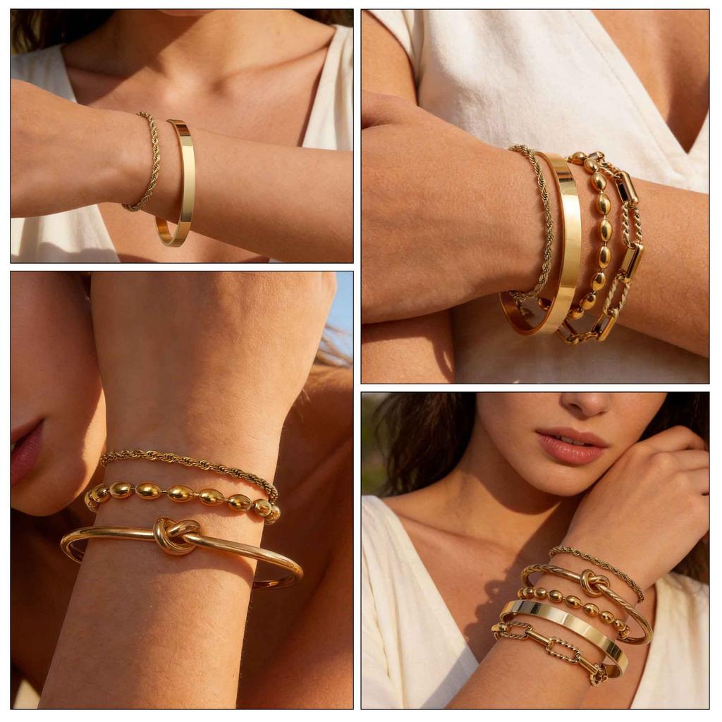 Bracelets for Women Non Tarnish, Stack Stainless Steel Bangles, Tie Knot Cuffs, Cuban Rope Paperclip Beaded Fashion Bracelet