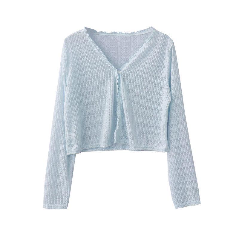 Women's Summer Lace-Trim V-Neck Ice Silk Cardigan - Airy, Loose, Long Sleeve Sun Protection Top