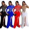 Women's Fashion Solid Color Mesh Slit Long Dress with Hot Drill Detailing.