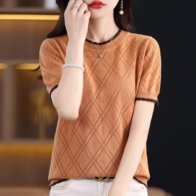 

Pure Cotton Short-sleeved T-shirt for Women In Summer Thin Hollow Diamond Half-sleeved Loose Versatile Round Neck Sweater Top S